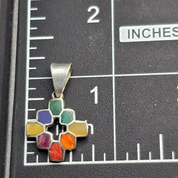 VTG 950 Silver Gemstone Chakana Inca Cross Pendant 1 1/8" Signed DW Rainbow - Picture 4 of 5